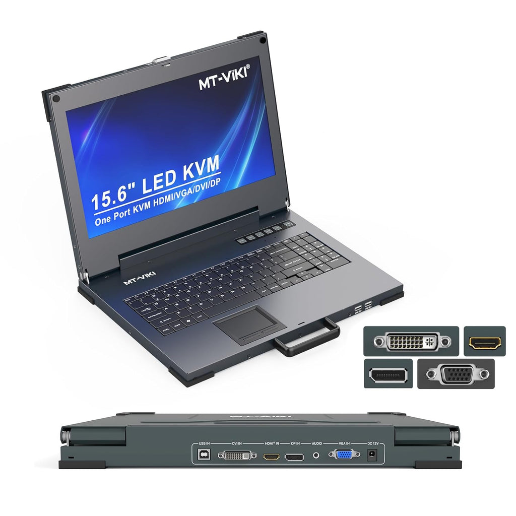 MT-VIKI Portable KVM Console (Crash Cart) 15.6' 4K LCD, HDMI/DP/VGA, Built-in Battery, for Server & Data Center Maintenance