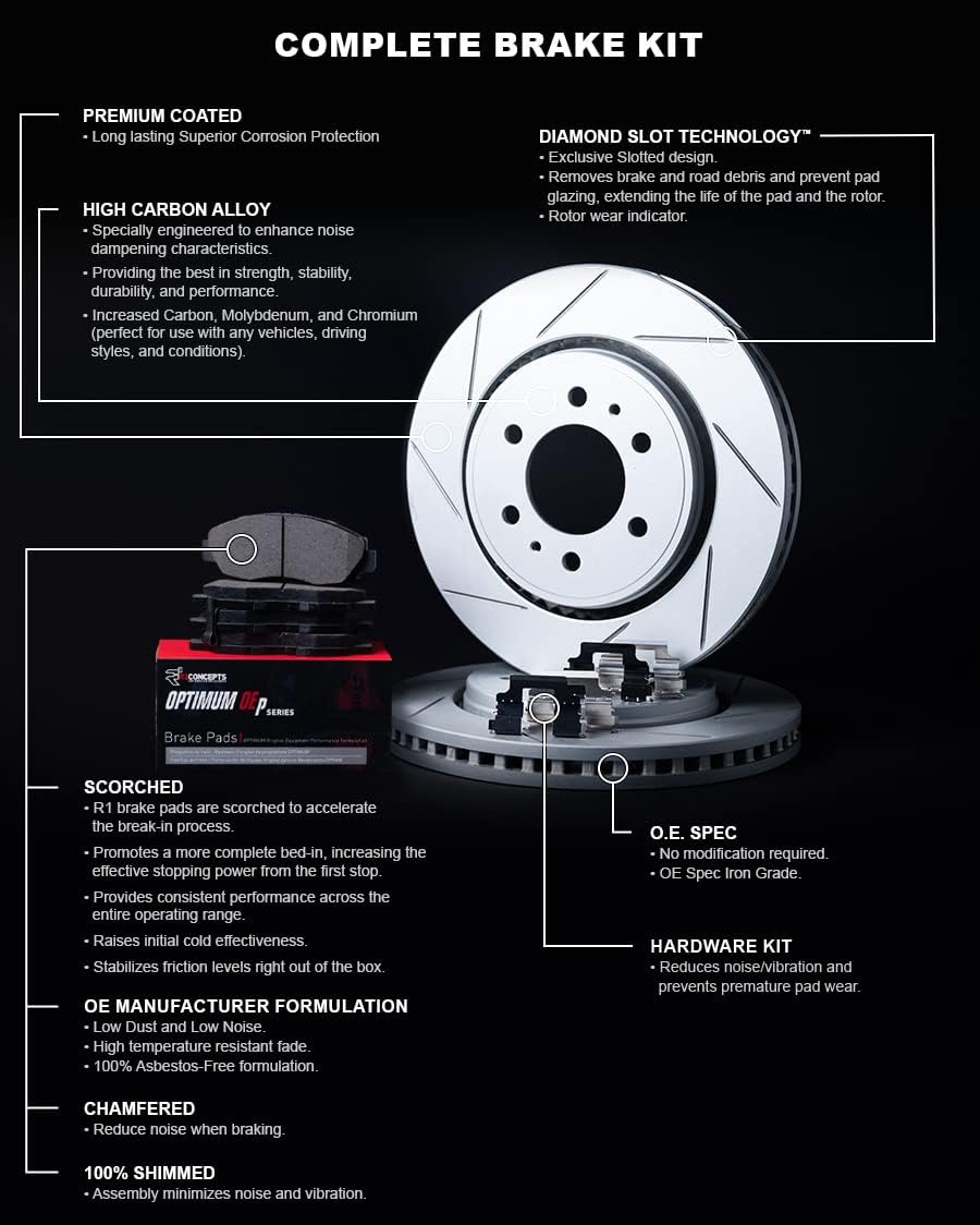 R1 Concepts Front Brake Kit Fits 2011-2019 Ford Fiesta| Optimum Oep Pads, Slotted Rotors| Hardware| 10.2' Front