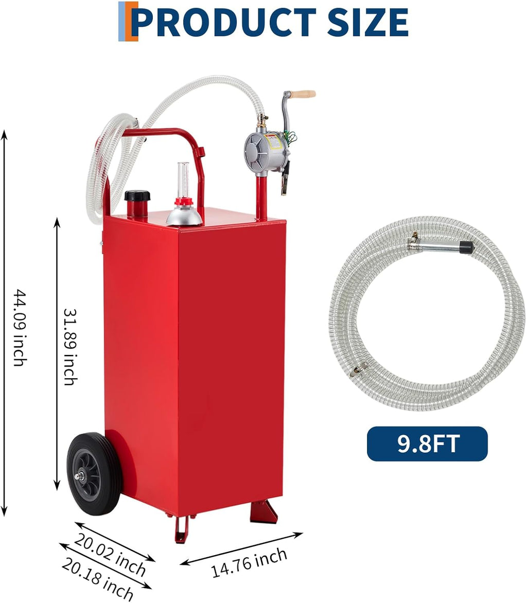 40 Gallon Fuel Caddy, Portable Gas Can with Manual Pump, Fuel Storage Tank for Gasoline & Diesel, Steel Gas Caddy on 2 Wheels, for Cars, Lawn Mowers, ATVs, Boats, Red