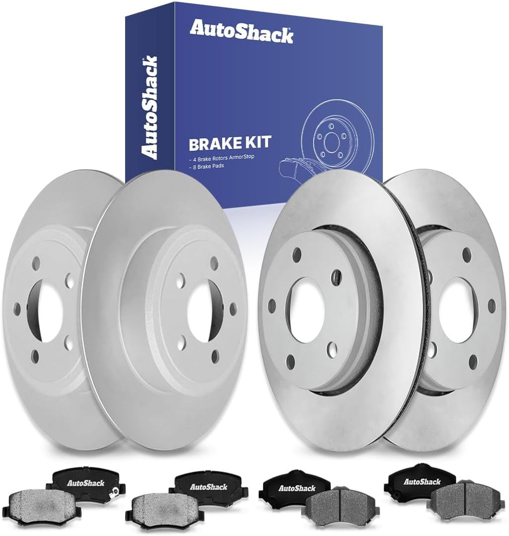 AutoShack Front & Rear Brake Rotors & Ceramic Pads for Jeep, Wrangler 2007-2017 Wrangler JK 2018, 4WD RWD V6 3.6L 3.8L - Coated - ArmorStop