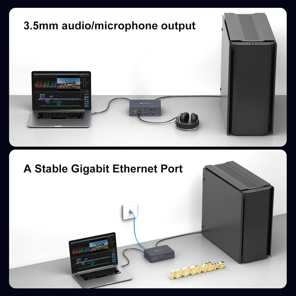 Thunderbolt KVM Switch Docking Station for Macbooks 4 Monitors 2 Computers HDMI 4K60Hz Displaylink USB C Dock for Laptops/Desktop Share 4xHDMI USBA/C Ethernet Audio Support Extended/Copy Mode