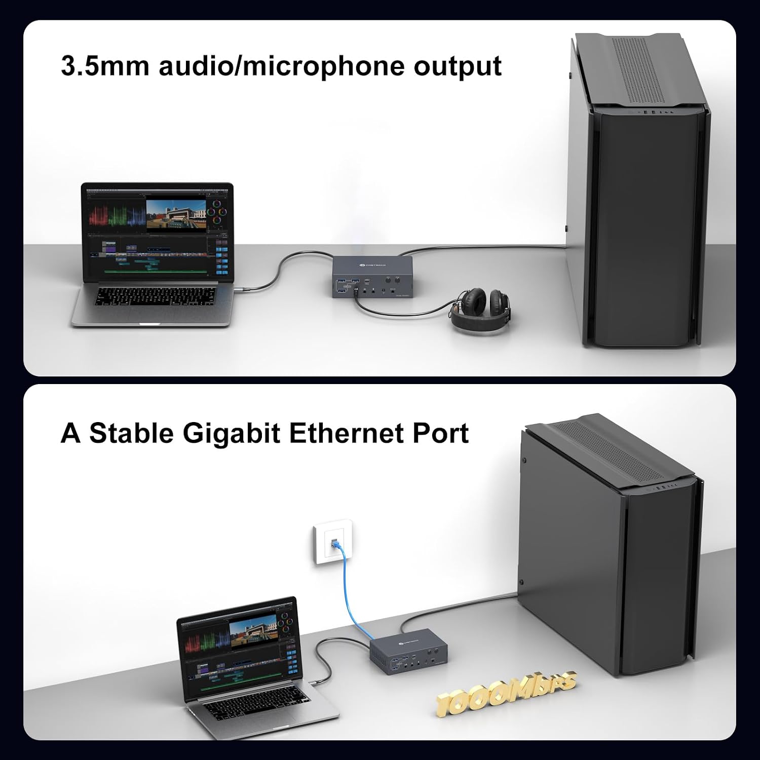 Thunderbolt KVM Switch Docking Station for Macbooks 4 Monitors 2 Computers HDMI 4K60Hz Displaylink USB C Dock for Laptops/Desktop Share 4xHDMI USBA/C Ethernet Audio Support Extended/Copy Mode
