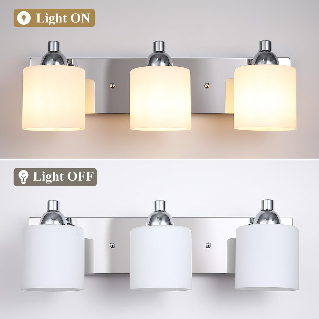 Mecgirn Stainless Steel Milk Glass Vanity Lights for Bathroom, 3 Light Polished Chrome Bathroom Light Fixtures Over Mirror, Ceramic E26 Sockets Wall Mounted