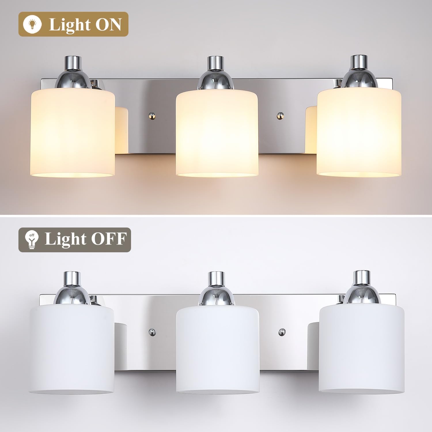 Mecgirn Stainless Steel Milk Glass Vanity Lights for Bathroom, 3 Light Polished Chrome Bathroom Light Fixtures Over Mirror, Ceramic E26 Sockets Wall Mounted