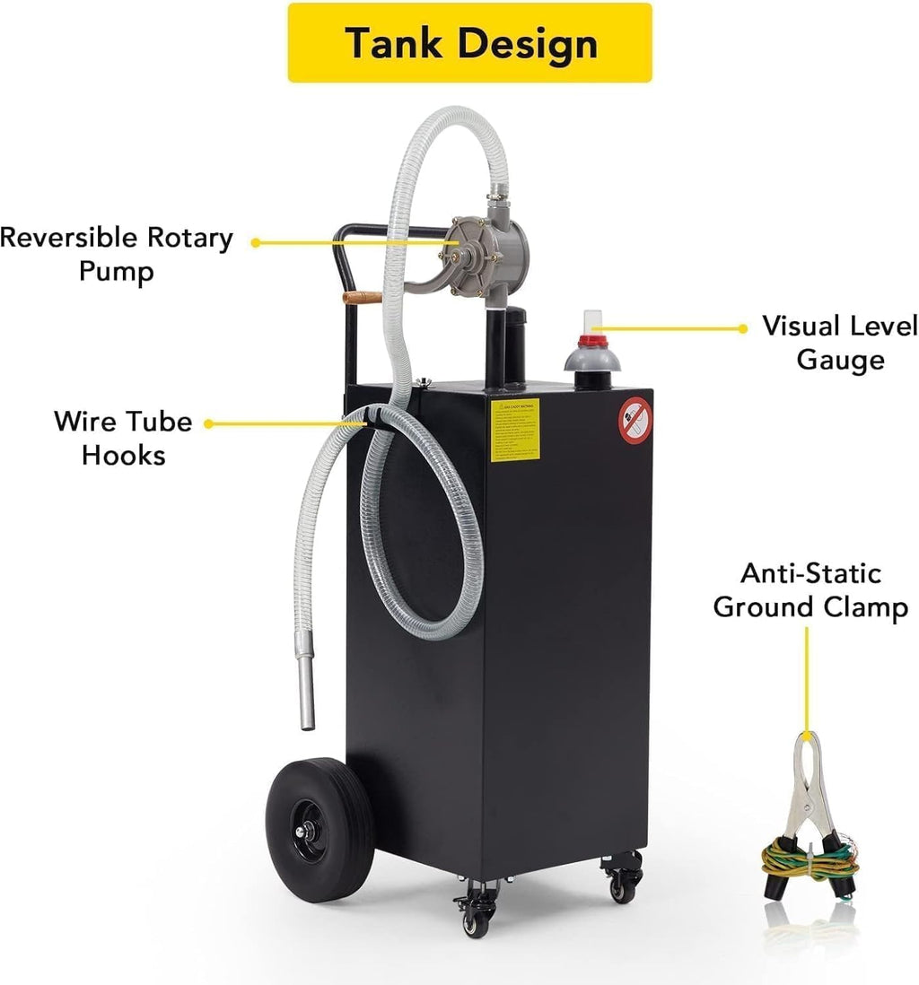 45 Gallon Portable Fuel Caddy with Reversible Rotary Hand Pump - Heavy-Duty Gasoline/Diesel Storage Tank with 4 All-Terrain Flat-Free Rubber Wheels, Ideal for Cars, Boats, Lawn Mowers, ATVs - Black