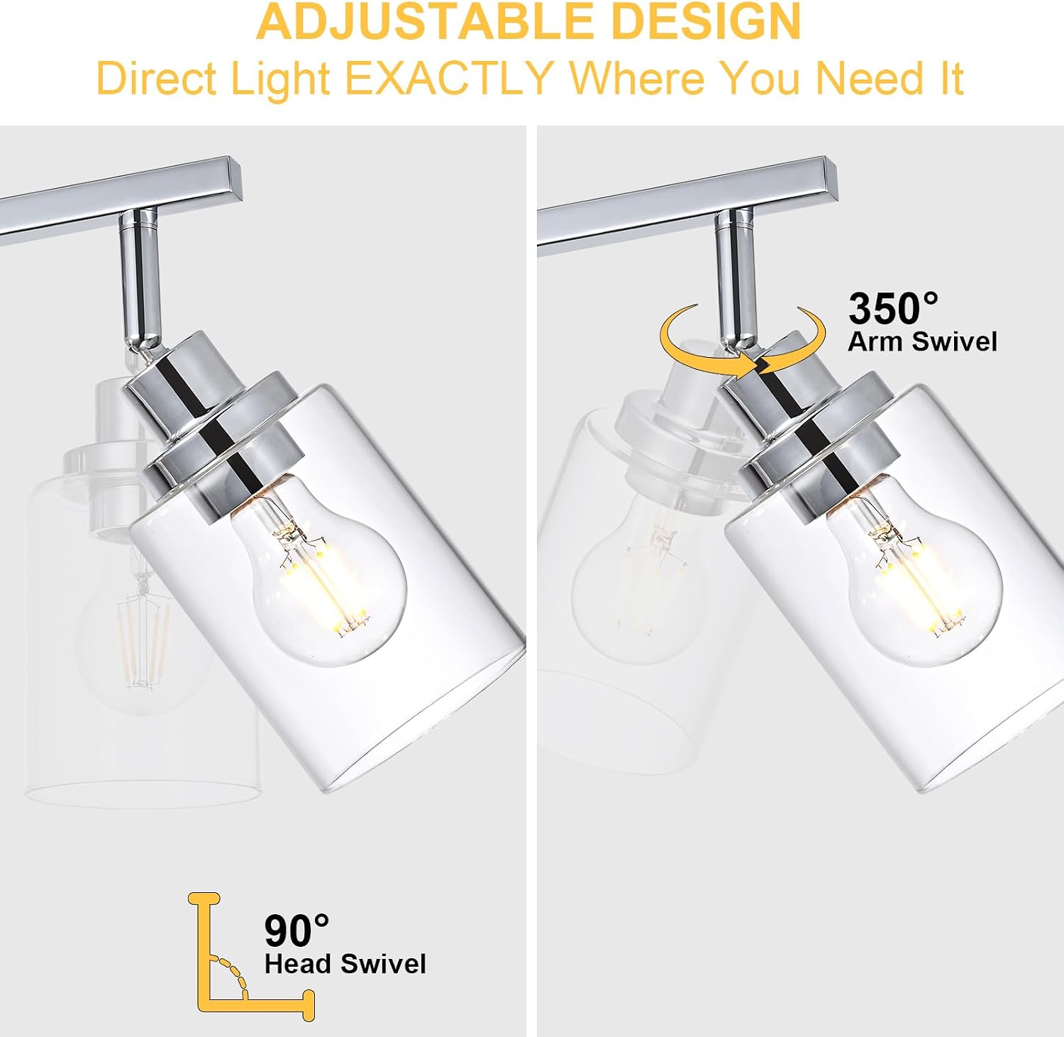 5-Light Track Lighting Kit Ceiling Kitchen Track Lighting Fixtures Chrome Bathroom Vanity Wall Lights with Clear Glass Multi-Directional Rotating Tracking Light Heads Spotlight for Accent Shop