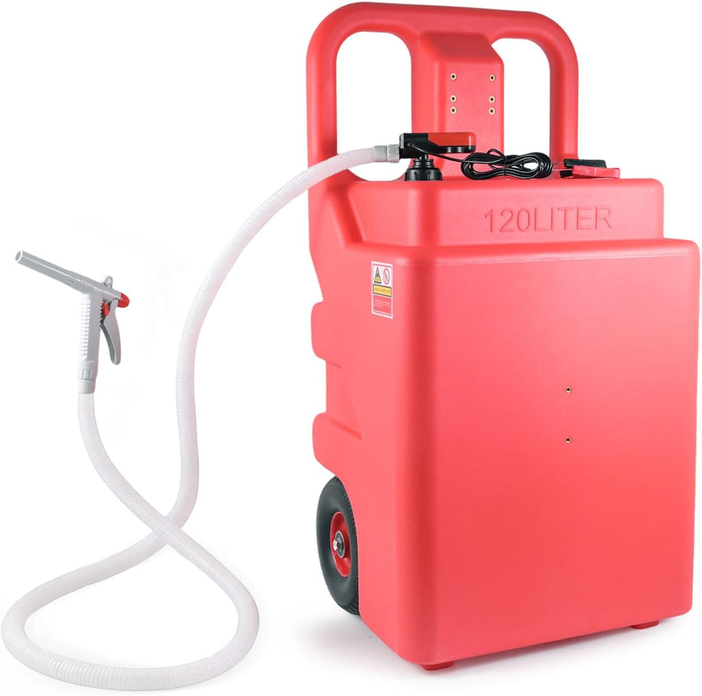 32 Gallon Fuel Caddy, Portable Gas Storage with Battery Powered Transfer Pump, Hose & 2 Wheels, Gasoline Diesel Fuel Container for Cars, ATVs, Boats, Lawn Mowers, Red