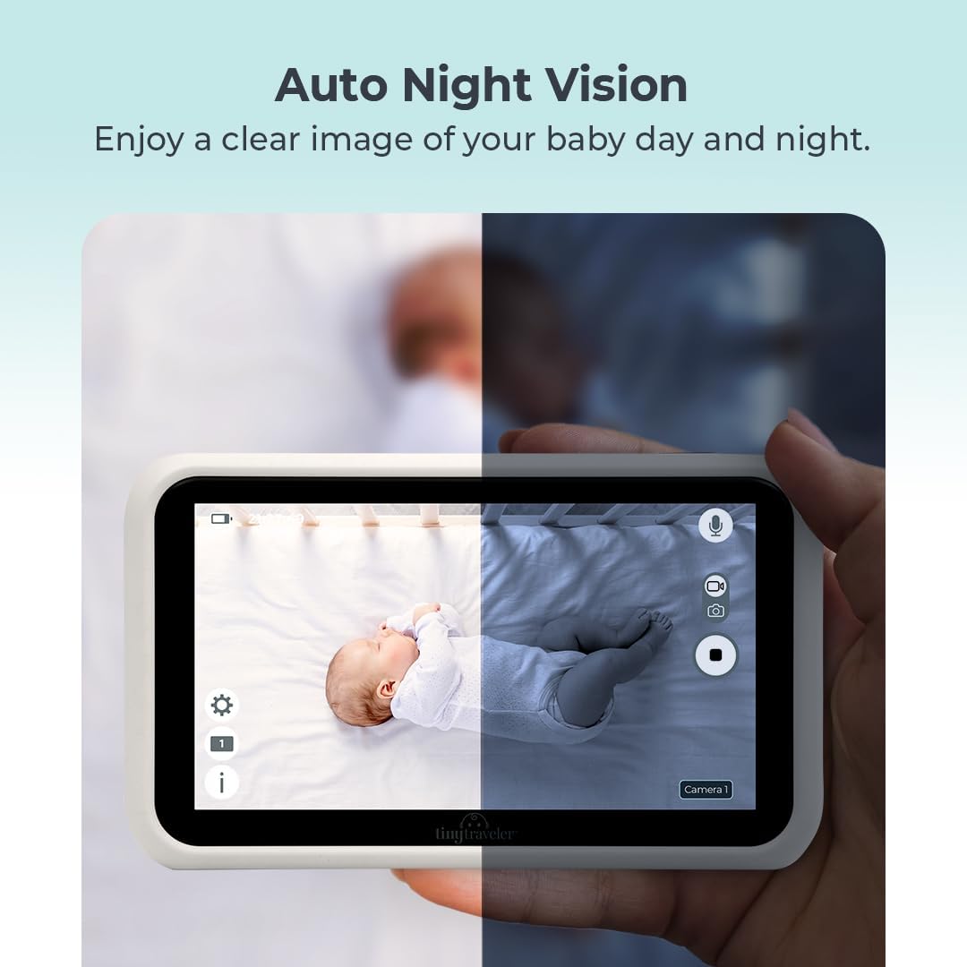 Tiny Traveler 5' HD Touch Screen Baby Car Monitor – Hackproof, No WiFi Baby Camera for Travel Home – Rear-Facing Car Seat Monitor with Night Vision Headrest or Clamp Mount Baby Reminder Alert White