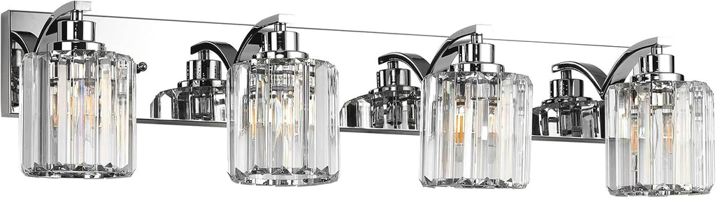 4 Lights Crystal Bathroom Vanity Light Modern Chrome Bathroom Light Fixture Bathroom Lighting Fixtures Over Mirror for Mirror E26 Base