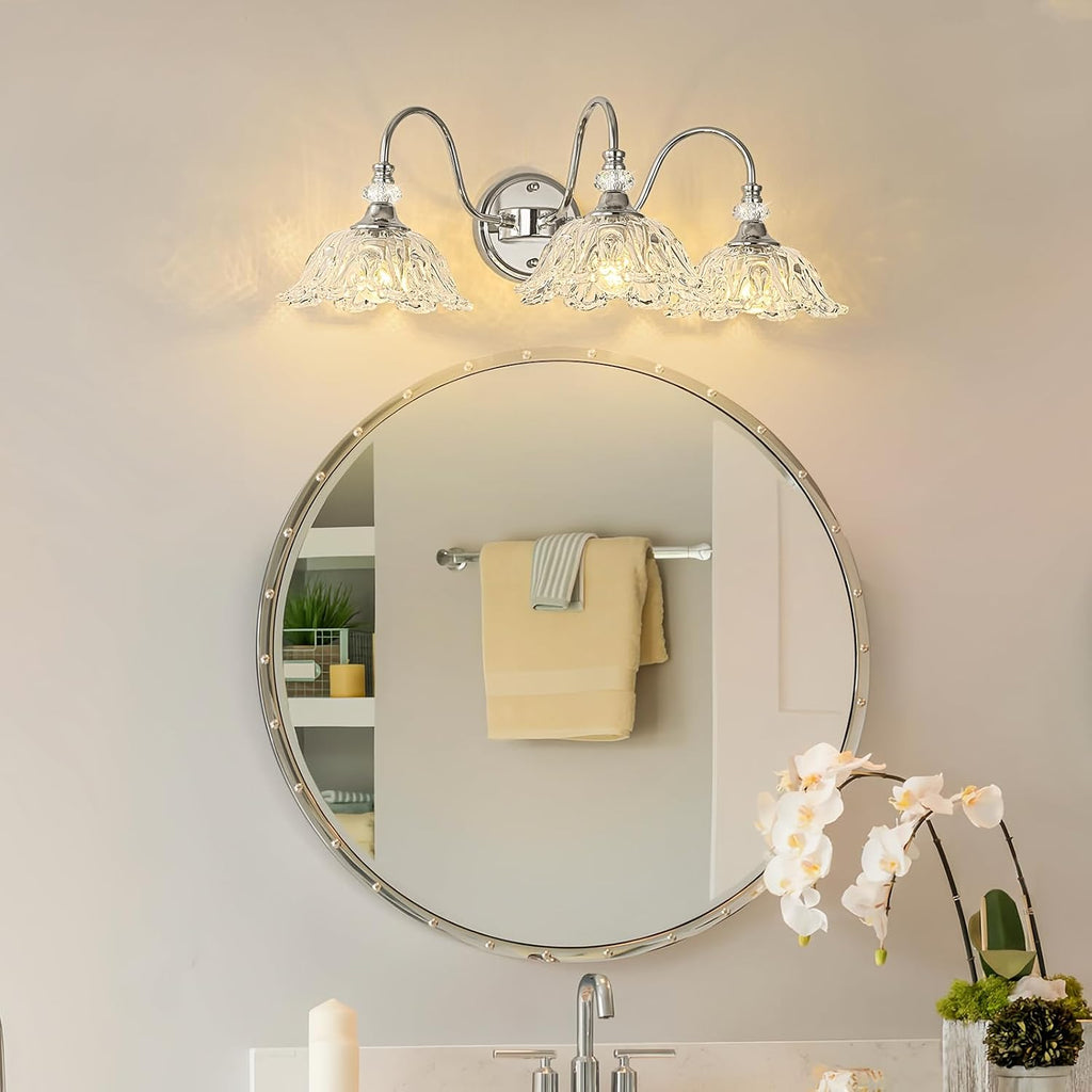 Brushed Chrome 3-Light Bathroom Vanity Light with Floral Clear Glass Shades, Modern Wall Mount Lighting for Bathroom, Dressing Table