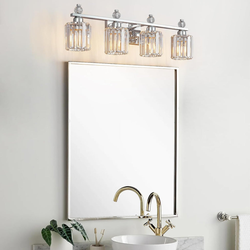 Bathroom Vanity Lights 4-Light Chrome Modern Crystal Vanity Light Fixtures Over Mirror Crystal Bathroom Vanity Lighting Fixtures