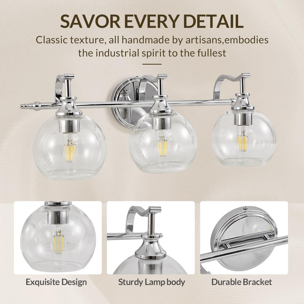 ANDY STAR Chrome Vanity Light, 3-Light Polished Silver Bathroom Light Fixture Over Mirror, Modern Wall Sconce with Clear Glass Shade, Industrial Wall Lighting for Living Room, Bedroom, Hallway, 22.3'