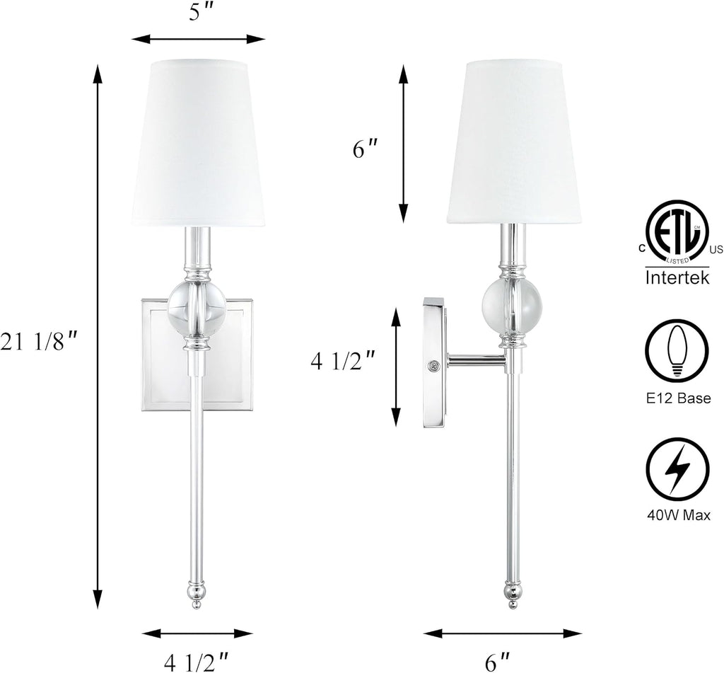 XiNBEi Lighting Wall Light Set of Two, Modern Bedroom Wall Lamp with White Fabric Shade Chrome Bathroom Vanity Wall Light with Crytal Ball Accent for Bedroom Living Room Corridor Kitchen