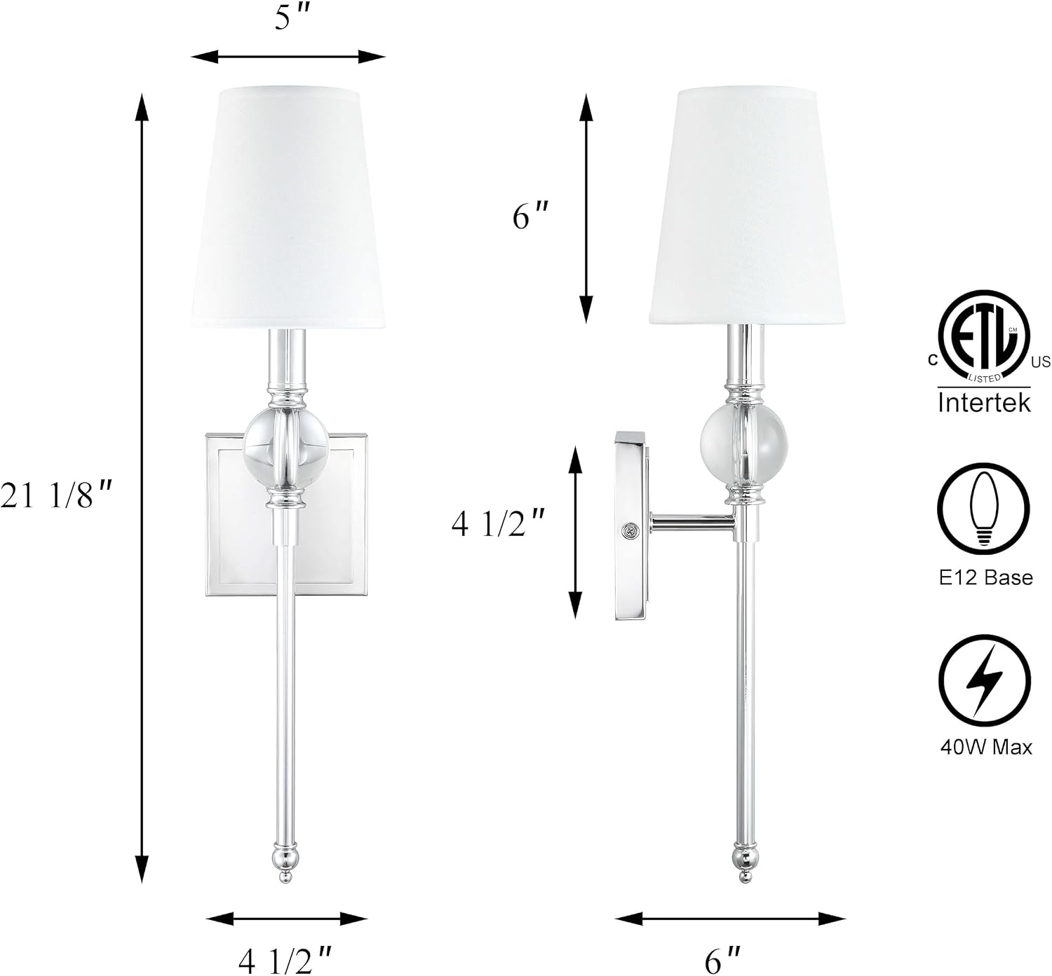 XiNBEi Lighting Wall Light Set of Two, Modern Bedroom Wall Lamp with White Fabric Shade Chrome Bathroom Vanity Wall Light with Crytal Ball Accent for Bedroom Living Room Corridor Kitchen