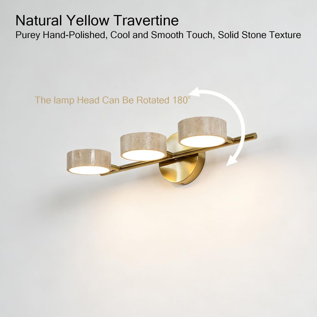 LED Mirror Light with 3 Travertine Stone Shades, Bathroom Vanity Wall Sconce, 360° Rotatable Stone Lampshades, Modern Rustic Wall Lamp for Bedroom, Living Room, Hallway (Gold-Metal)