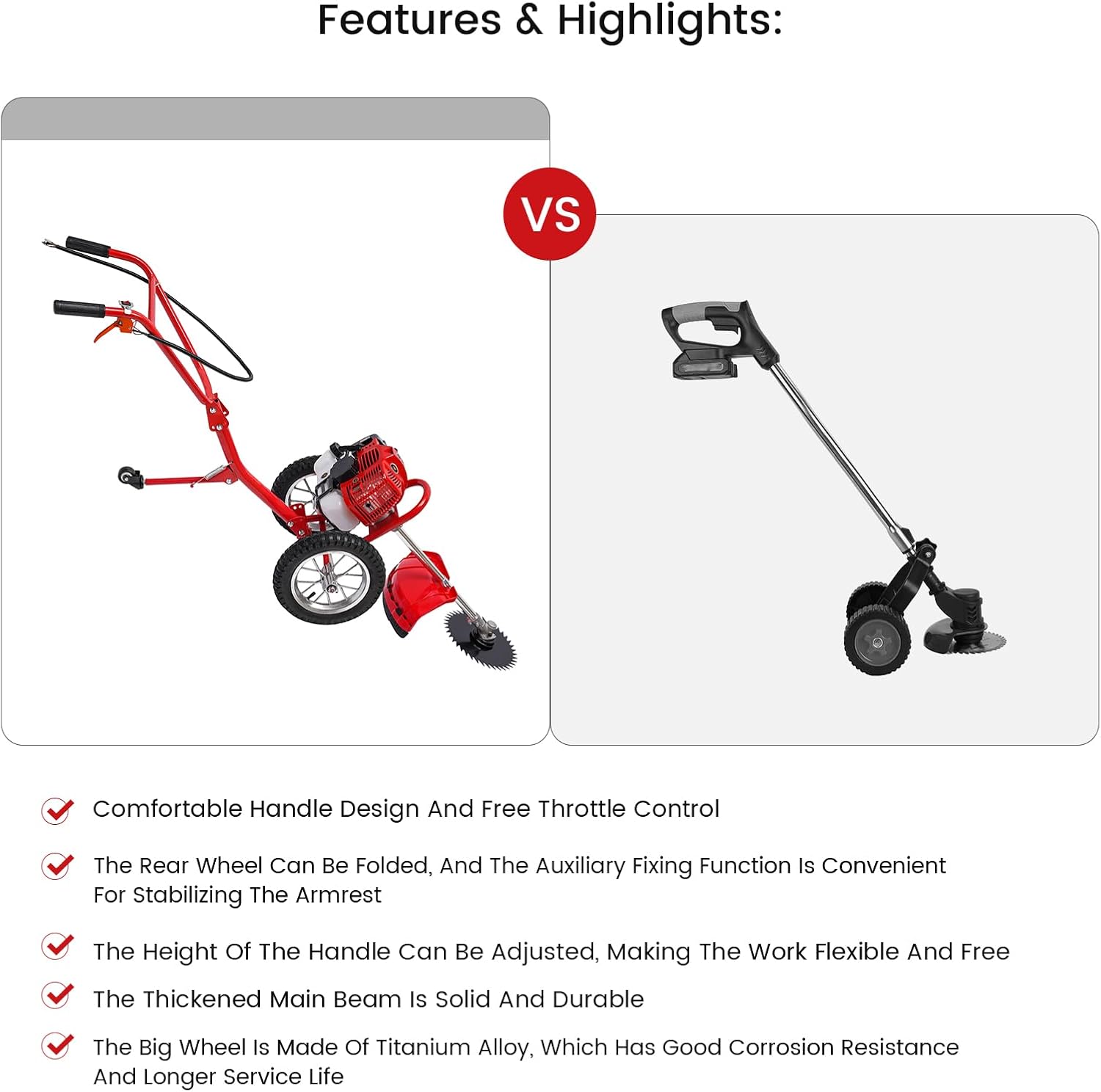 49cc 2-Stroke Outdoor Power Equipment Wheeled String Trimmer,Single-Cylinder Gasoline Engine 6500-7000r/Min, 1.8Kw Hand Push Lawn Mower,Gasoline Lawn Mower
