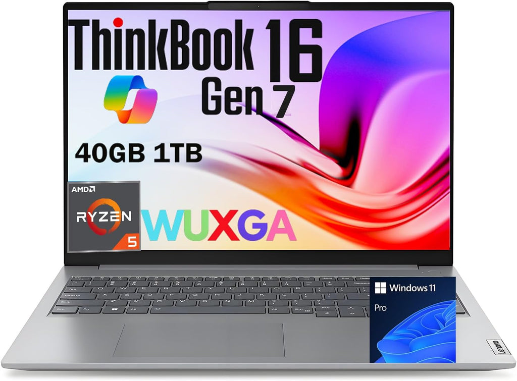 Lenovo ThinkBook 16 G7 16' WUXGA FHD+ Business Laptop, Powerful Ryzen 5 7533HS (Beat i7-1355U), 40GB DDR5 RAM, 2TB PCIe SSD, Fingerprint, HDMI, SD Card Reader, RJ-45, Wi-Fi 6, BT5.3 Windows 11 Pro