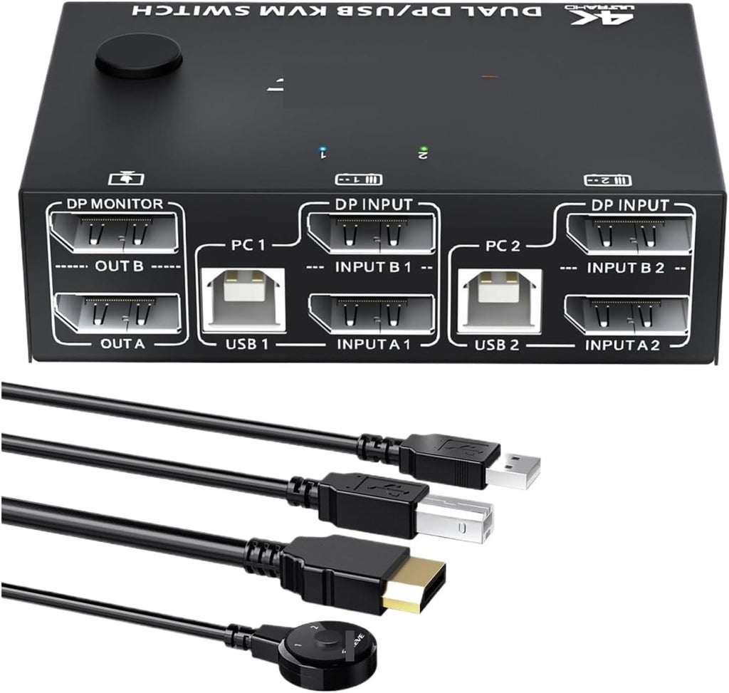 8K 4K Dual Monitor KVM Switch,Displayport 1.4 2 Monitors Computers Supper 8K@30Hz 4K@144Hz Share USB .0 Devices