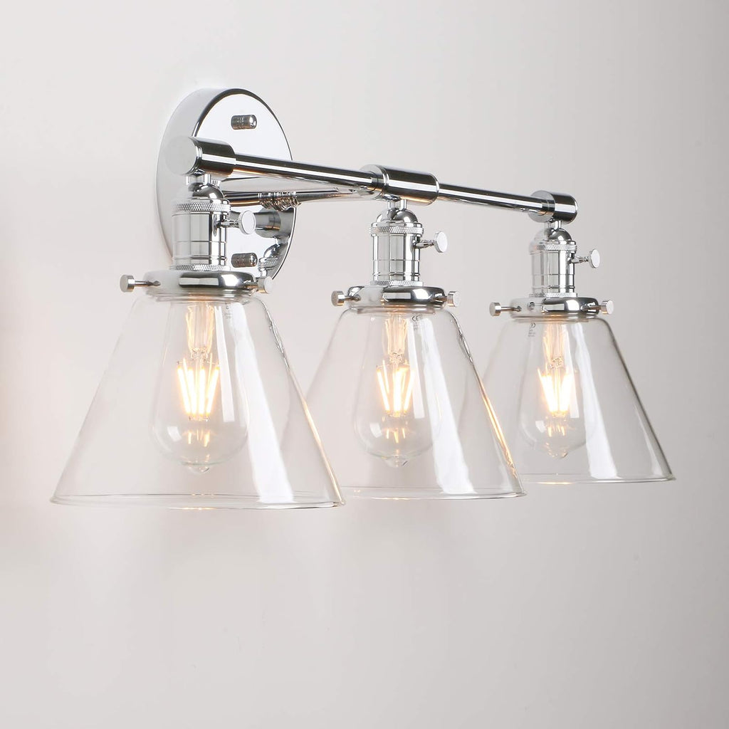 Permo Vintage Industrial Antique Three-Light Wall Sconces with Funnel Flared Clear Glass Shade (Chrome)