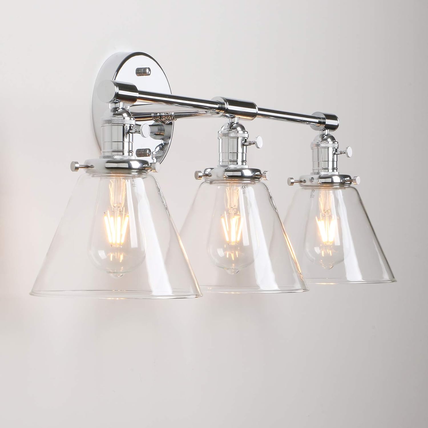 Permo Vintage Industrial Antique Three-Light Wall Sconces with Funnel Flared Clear Glass Shade (Chrome)