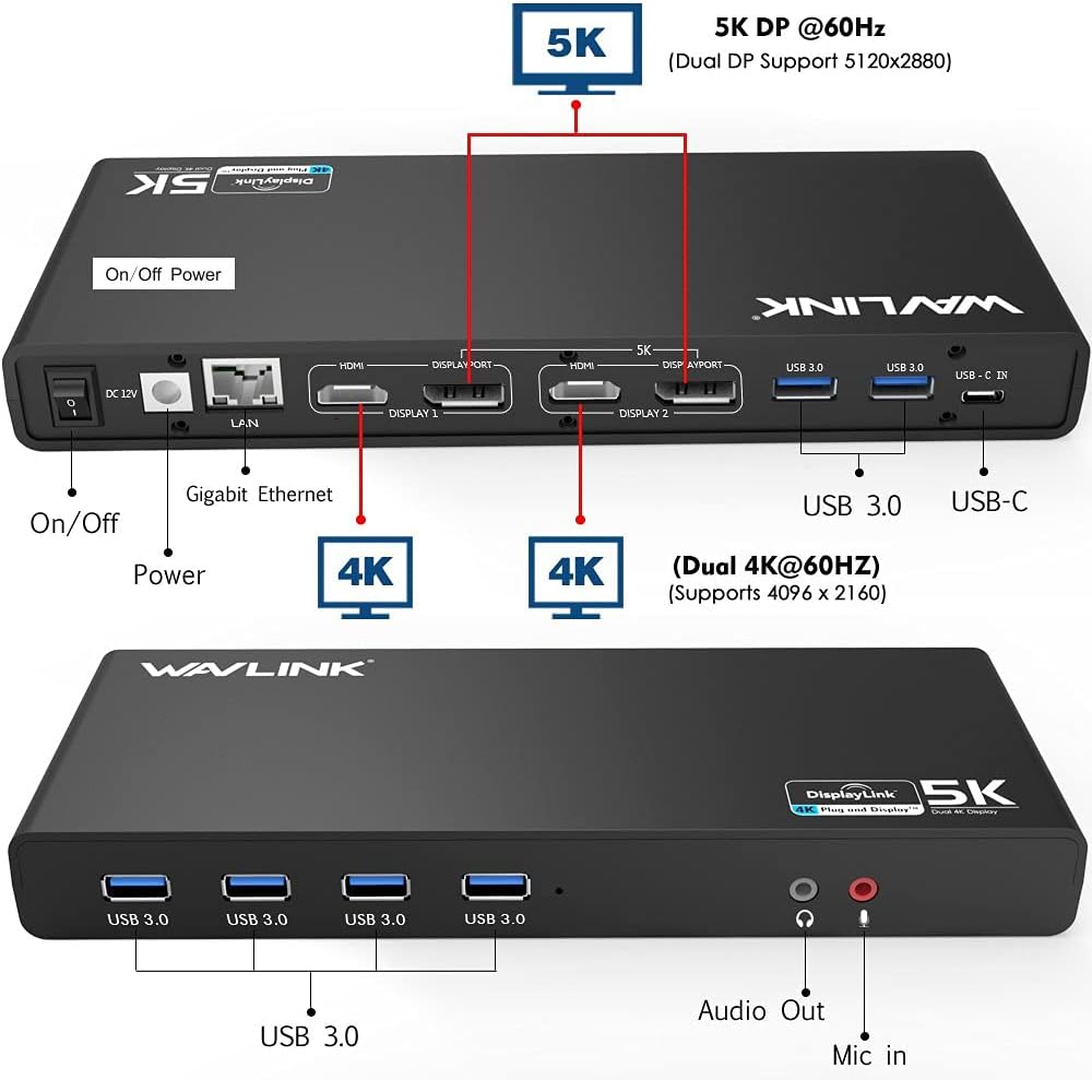 WAVLINK USB C Universal Laptop Docking Station, Dual 4K@60Hz Display & 5K Single Video Display for Laptop and PCs (2x4K@60Hz HDMI, 2x 4K@60Hz Display Port, Gigabit Ethernet, 6 USB 3.0, Audio)