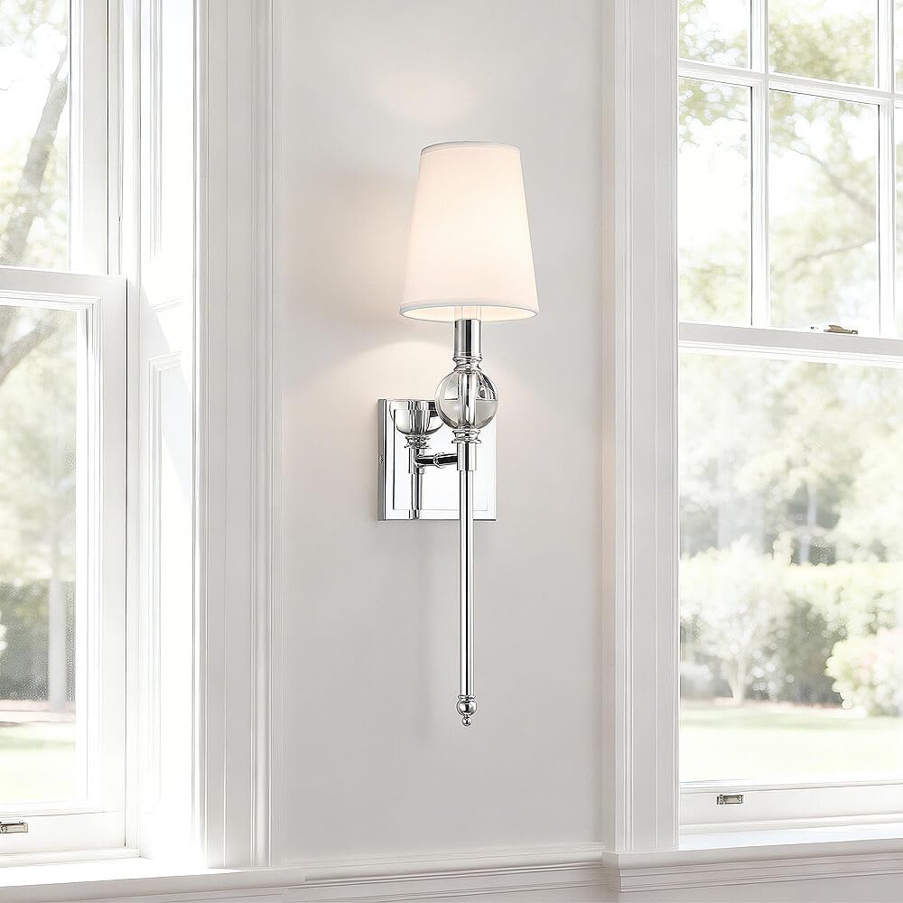 XiNBEi Lighting Wall Light Set of Two, Modern Bedroom Wall Lamp with White Fabric Shade Chrome Bathroom Vanity Wall Light with Crytal Ball Accent for Bedroom Living Room Corridor Kitchen