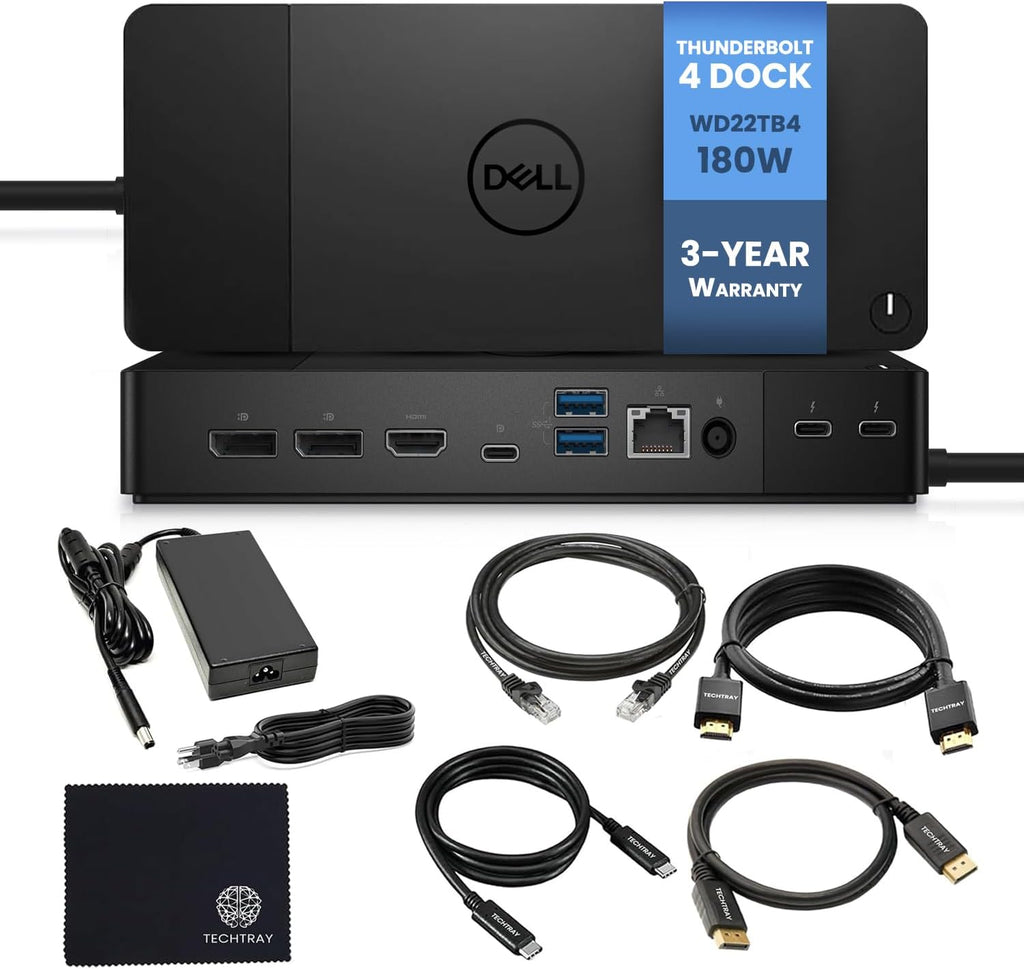Dell WD22TB4 Thunderbolt 4 Dock 180W - 40Gbps, 3-Year Warranty, USB-C/USB-A Dell Docking Station with 180W Adapter + Techtray Cables & Cloth - Supports Dual/Triple Monitor & 4K Displays (New)