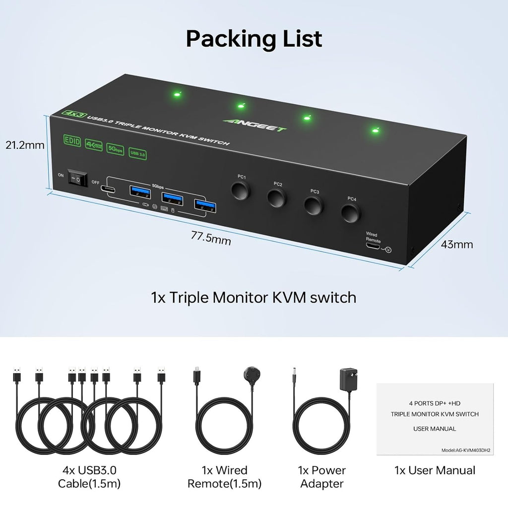 KVM Switch 3 Monitors 4 Computers 4K@60Hz,EDID Simulation,USB 3.0 HDMI Displayport KVM Switch Triple Monitor for 4 PC Share 3 Monitors and Keyboard Mouse Printer,with Wired Remote and 4 USB Cables