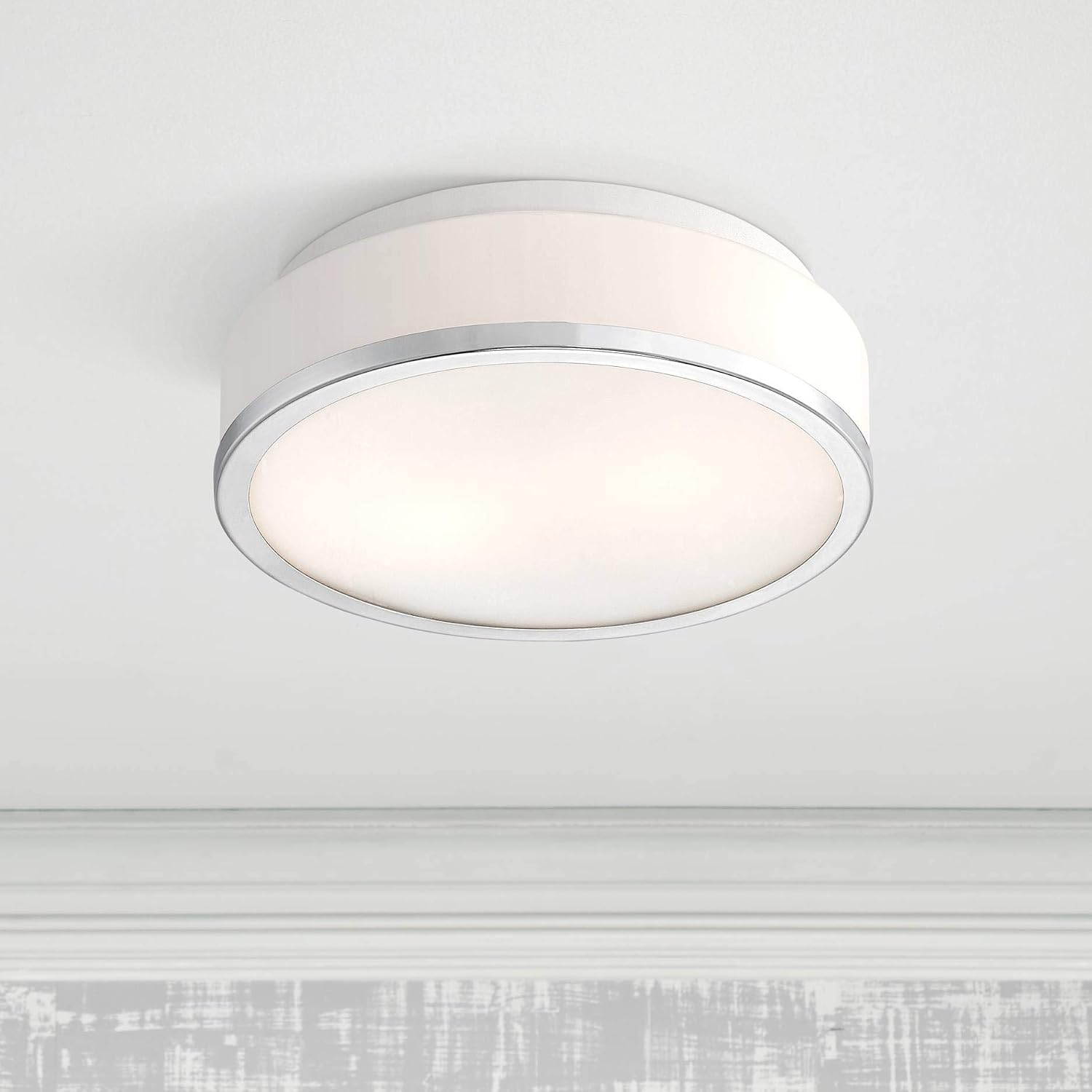 Possini Euro Design Mavis Modern Ceiling Light Flush-Mount Fixture 10 1/4' Wide Sleek Chrome 2-Light White Opal Glass Shade for Bedroom Kitchen Living Room Hallway Dining Bathroom Schoolhouse House
