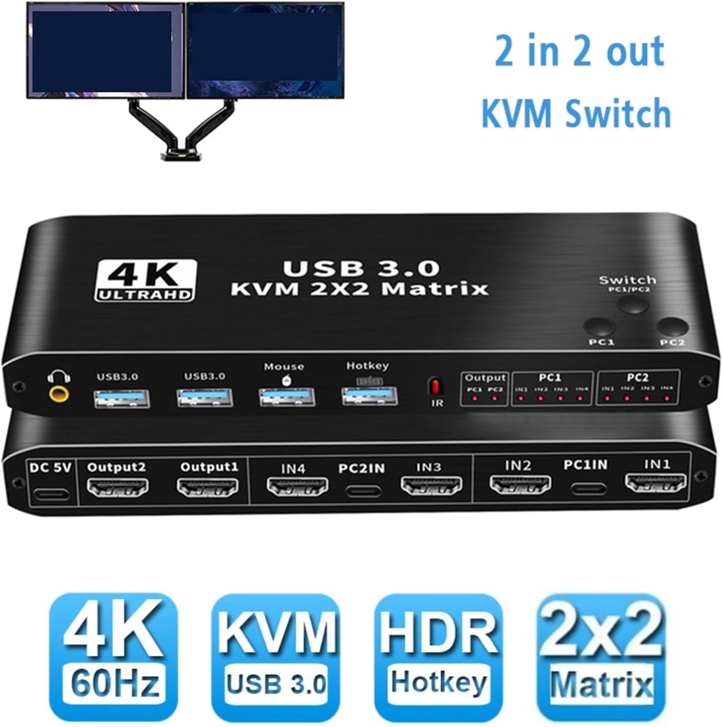 2x2 Kvm Switch 4K 60Hz Dual Monitor KVM Extended Display USB Switcher 2 in Out for Computers Share Monitors