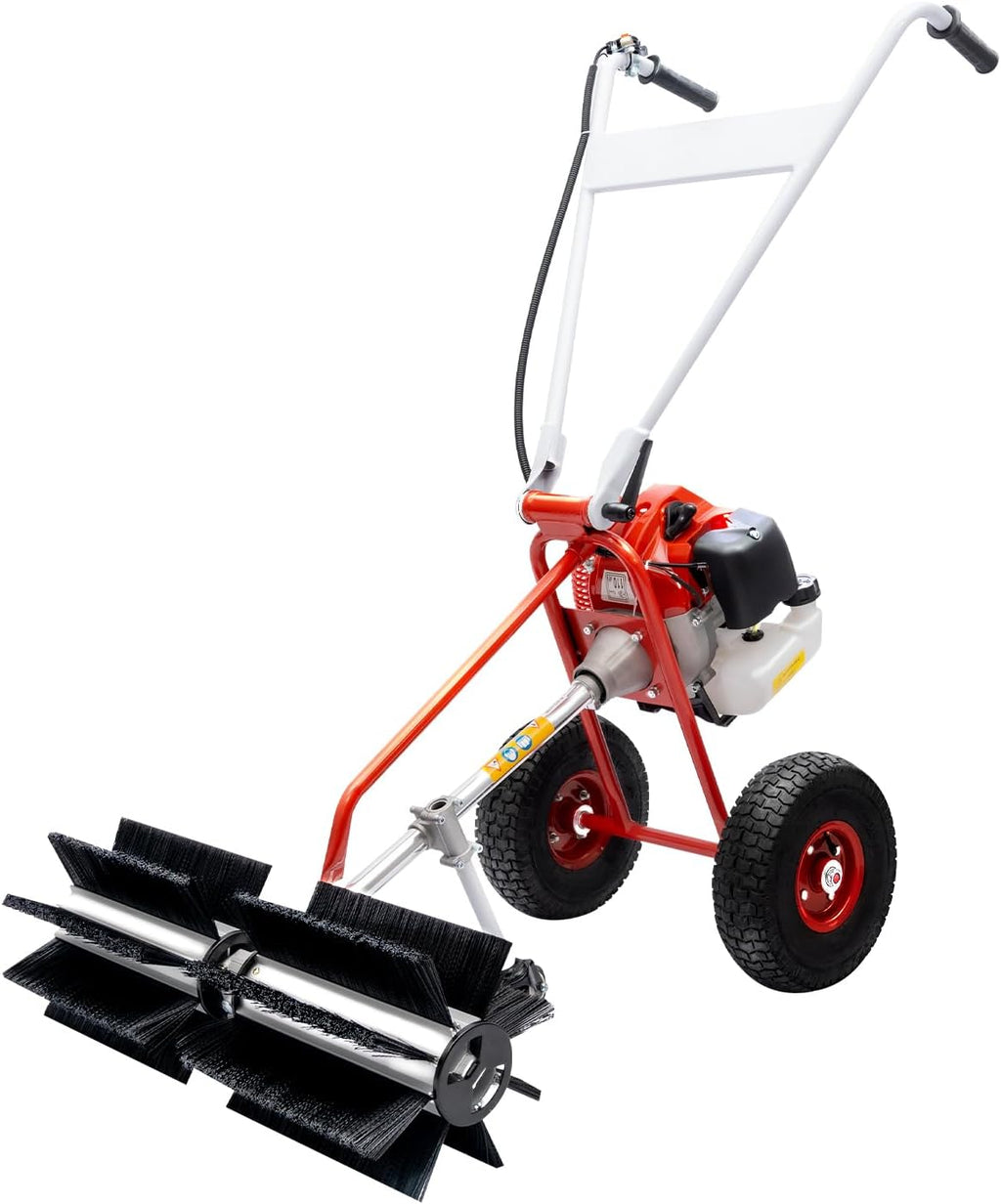 43CC Gas Powered Sweeper, Handheld Power Broom Sweeper Walk Behind Push Lawn Sweeper Driveway Walkway Cleaning Driveway Machine Portable Artificial Grass Brush Power Broom
