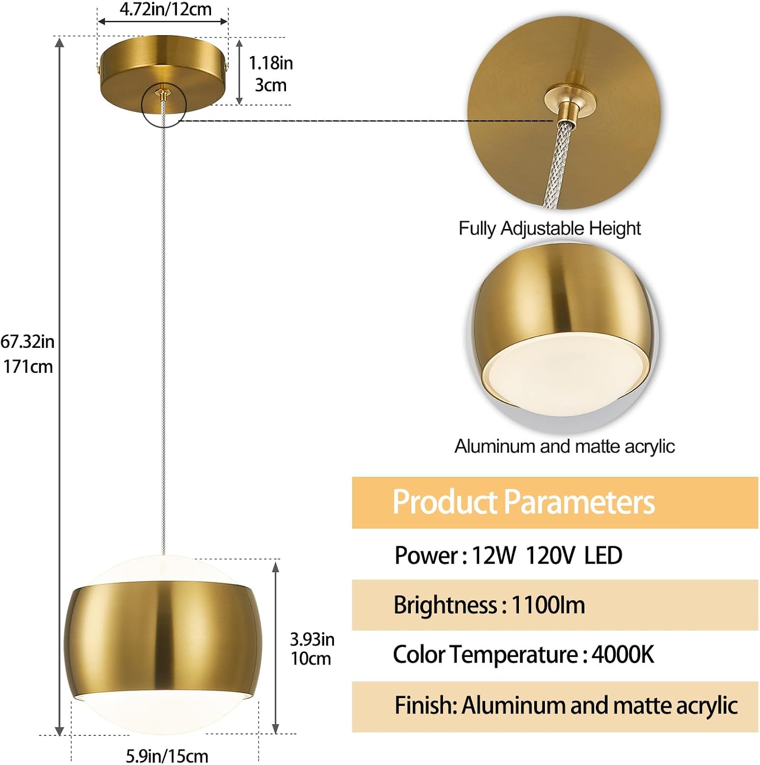 Modern Gold LED Dimmable Pendant Light fixtures,6″ Island Pendant Lighting for Kitchen Island Dinning Room,Bedroom,Bar, Kitchen Island Ceiling Hanging Light Fixtures(gold-1-Pack)