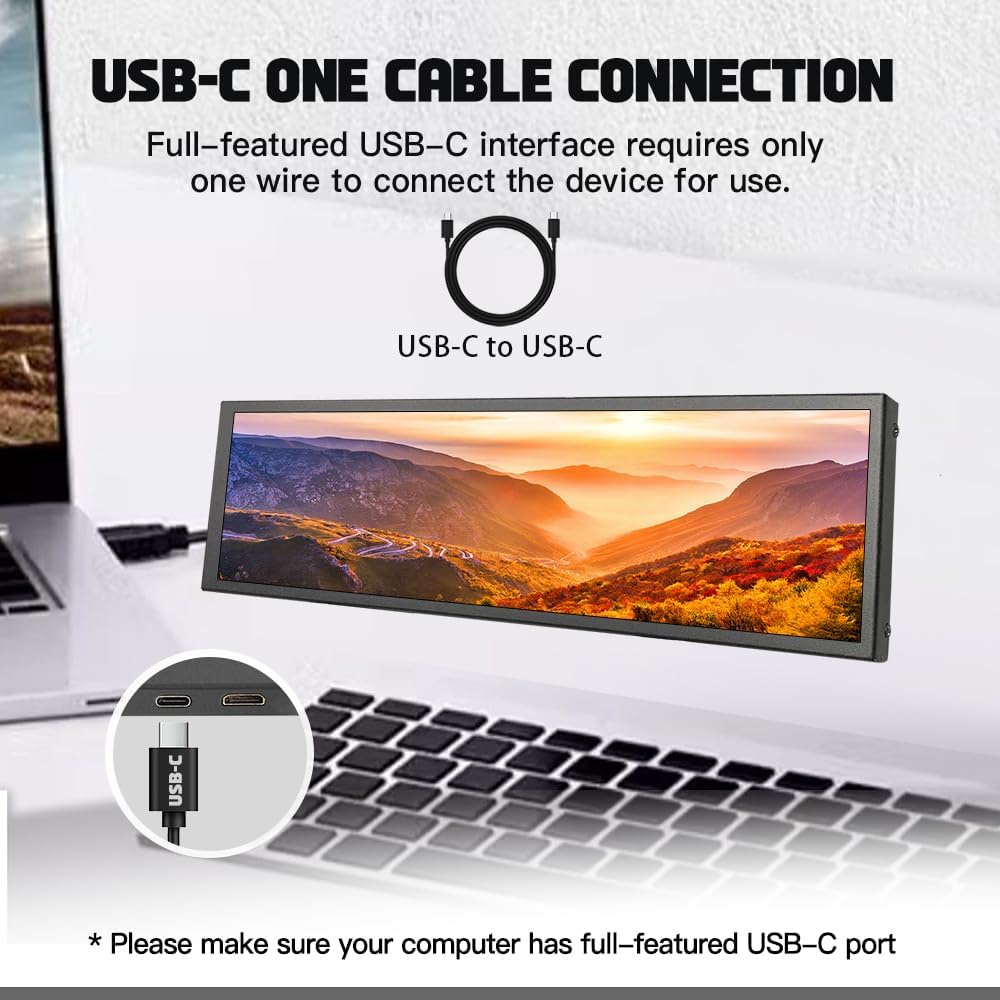 8.8 inch Small Mini Touchscreen Monitor 480x1920 IPS USB Type C Long Stretched Bar 600cd/m2 High Brightness Adjustable Strip Display for Windows Computer PC Sub Screen