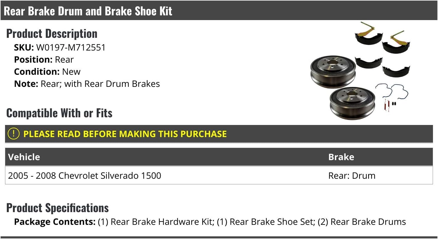 Marketplace Auto Parts Rear Brake Drum and Brake Shoe 4 Piece Kit - Compatible with 2005-2008 Chevy Silverado 1500