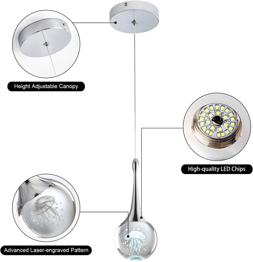 CHYING 3 Pack Mini Modern LED Pendant Lights Kitchen Island, Chrome 5W Crystal Globe Jellyfish Pendant Lighting for Dining Room Bathroom Bedroom Entry Foyer Bar, 6000K Cool White