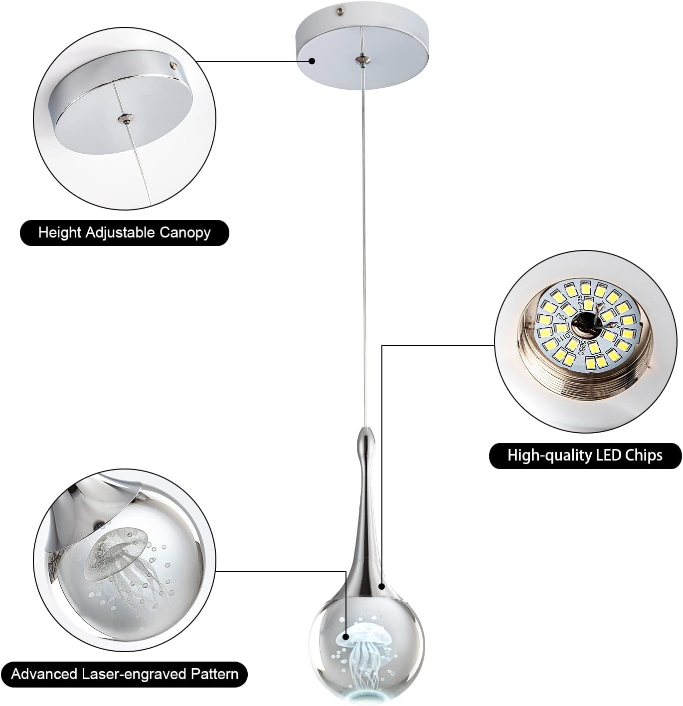 CHYING 3 Pack Mini Modern LED Pendant Lights Kitchen Island, Chrome 5W Crystal Globe Jellyfish Pendant Lighting for Dining Room Bathroom Bedroom Entry Foyer Bar, 6000K Cool White