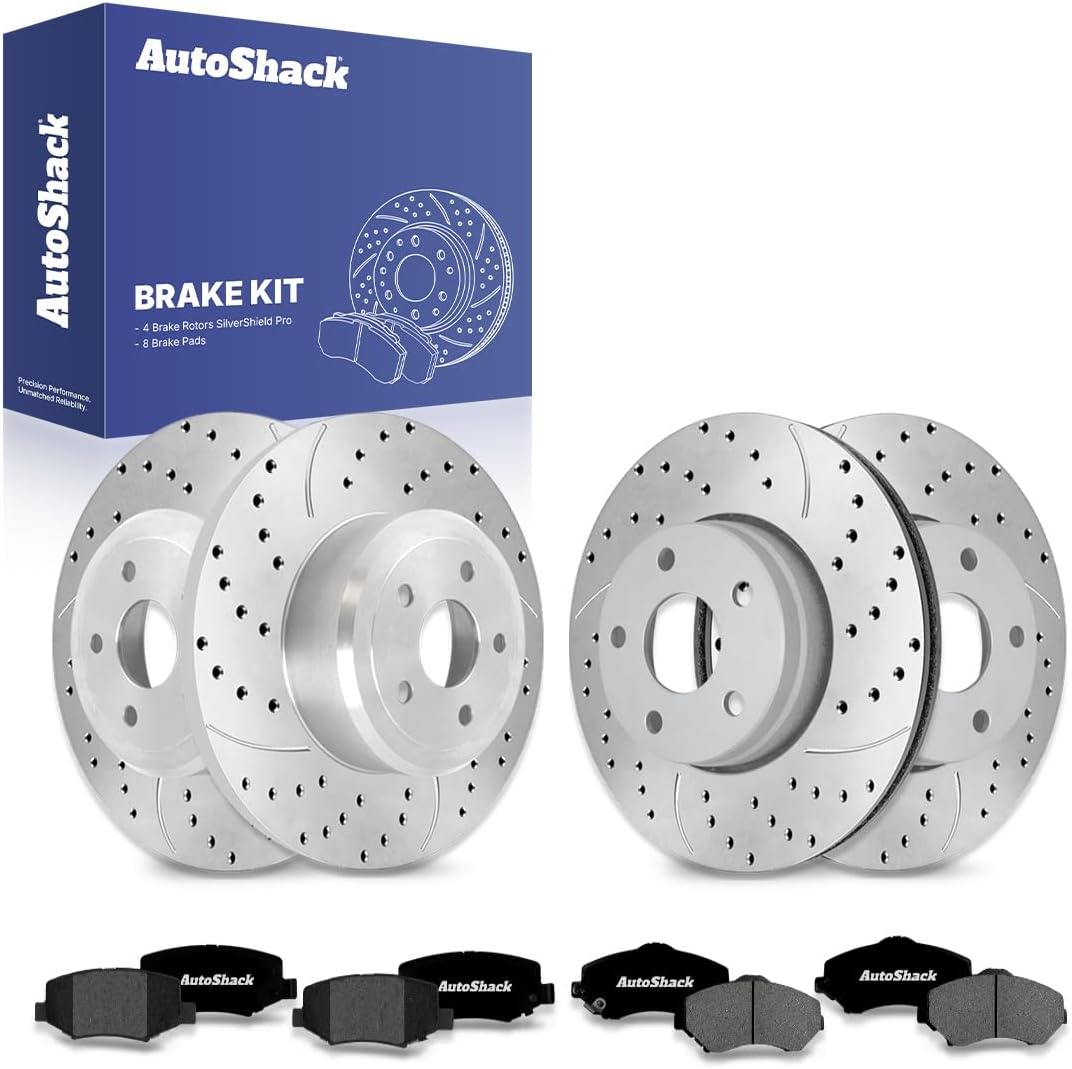 AutoShack Front & Rear Brake Rotors & Premium Pads for Jeep, Wrangler 2007-2017 Wrangler JK 2018, 4WD RWD V6 3.6L 3.8L - Silver Zinc Coated Drilled & Slotted - SilverShield Pro