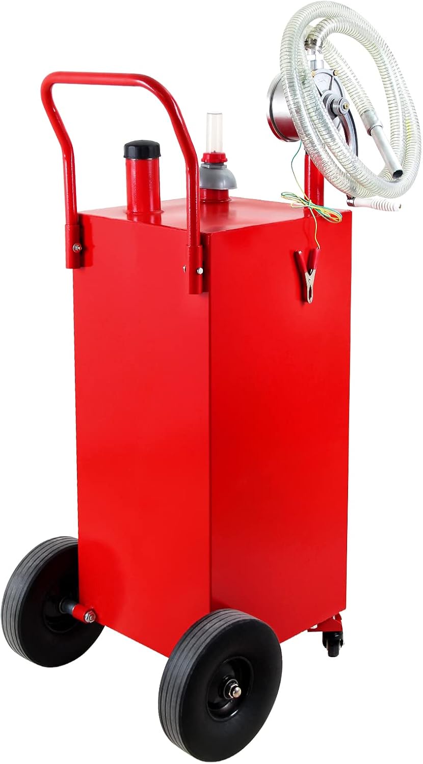 Gas Caddy 30 Gallon, Portable Fuel Storage Tank with 4 Wheels, Gasoline Diesel Can with Pump Rolling and Solid Rubber Wheels for Cars Lawnmowers ATVs Boats Motorcycles Red