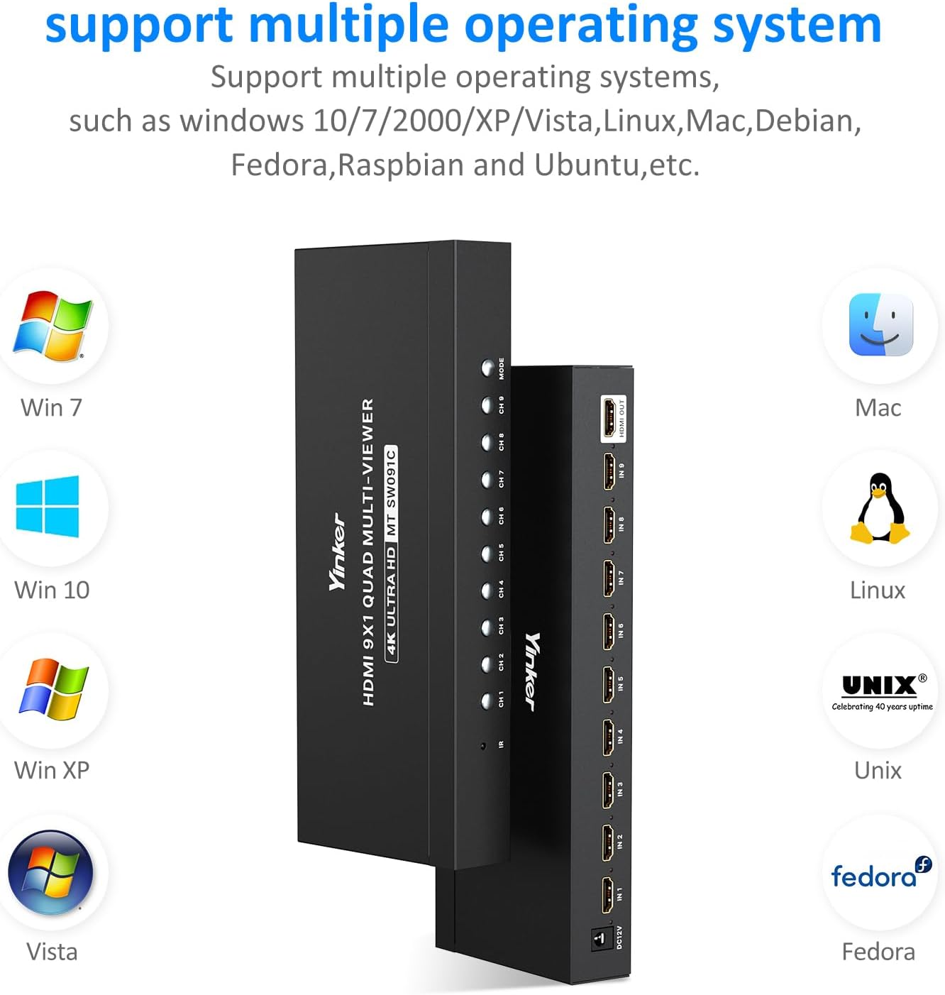 4K HDMI Multiviewer 9x1, 4K@30Hz Seamless HDMI Switcher 9 in 1 Out w/IR Remote, Multiple Display Modes for Laptops/PC/Set-up Box/Security Camera/PS5