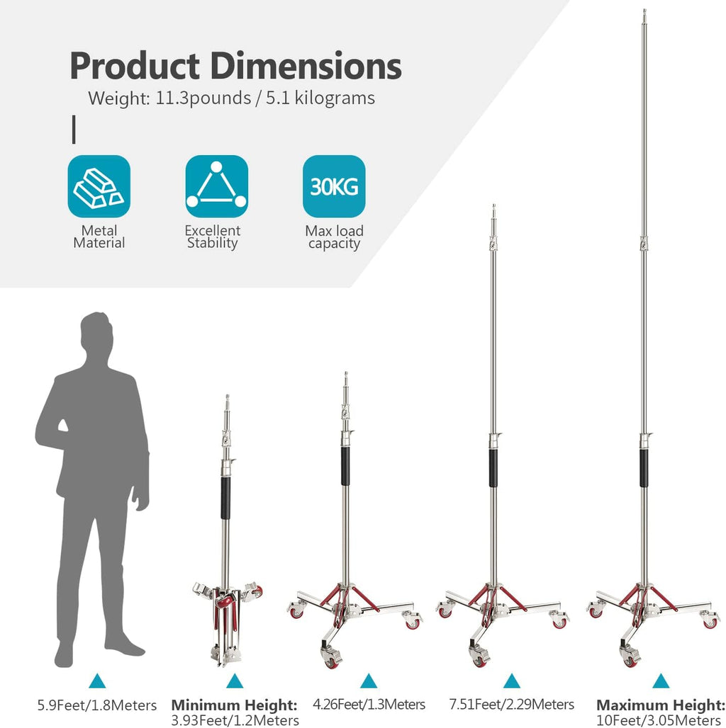 Neewer Heavy Duty Light Stand with Casters, Adjustable Tripod Stand with 100% Stainless Steel, Photography Wheeled Base Stand for Studio Softbox, Monolight, Reflector, Max Height: 10ft/305cm