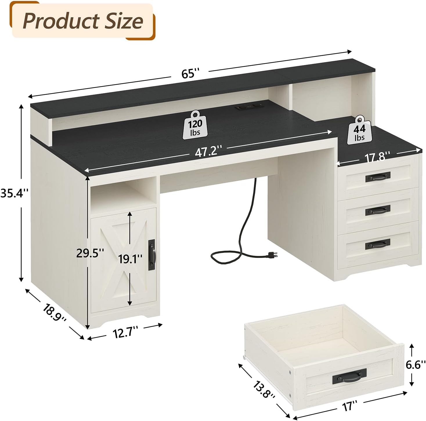 TVU Farmhouse Computer Desk with Drawers, 65'' Home Office Desk with Power Outlets, Storage Cabinet and Printer Stand, Study Writing Desks with Long Monitor Stand, Black and White