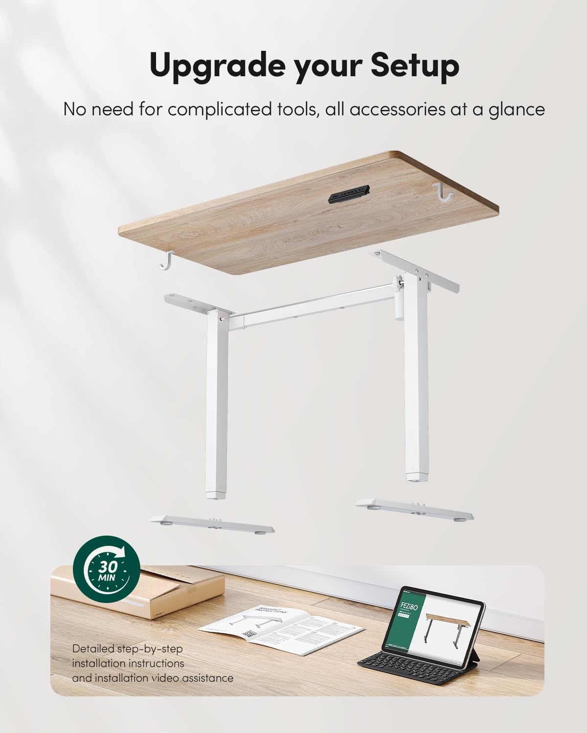 FEZIBO One-Piece Standing Desk Adjustable Height Stand up Home Office Desk, 55x24 Inch Electric Standing Computer Desk, with 4 Memory Presets, Headphone Hook, Maple