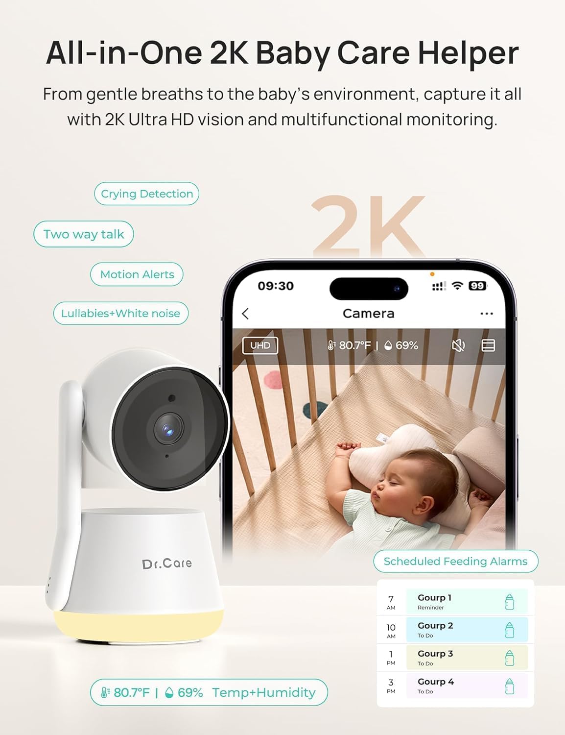 Dr.Care LumiView Smart WiFi Baby Monitor with Clip Mount - 5' 1080P FHD & 2K Camera App Control, Privacy Mode, 5000mAh Removable Battery, Cry & Motion Alerts, HD Night Vision, RGB Night Light