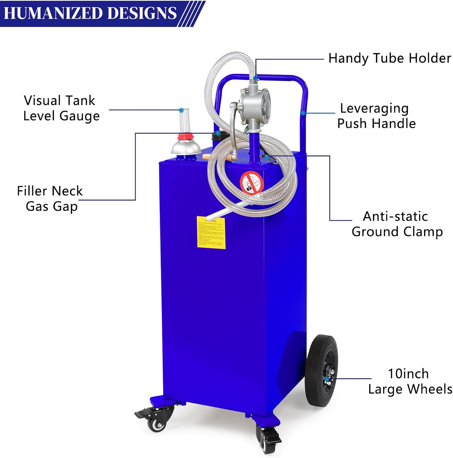 30 Gallon Portable Gas Caddy, Fuel Transfer Tank Gasoline Diesel Storage Can with Rotary Hand Pump and 4 Wheels for Automobiles ATV Car Mowers Tractors (Blue)