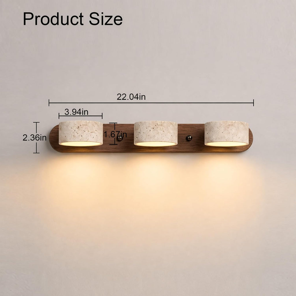 LED Natural Stone Vanity Light with 3 Travertine Stone Shades, Bathroom Vanity Light Fixture, 360° Rotatable Stone Lampshades, Modern Rustic Wall Lamp for Bedroom, Living Room, Hallway (Walnut Wood)