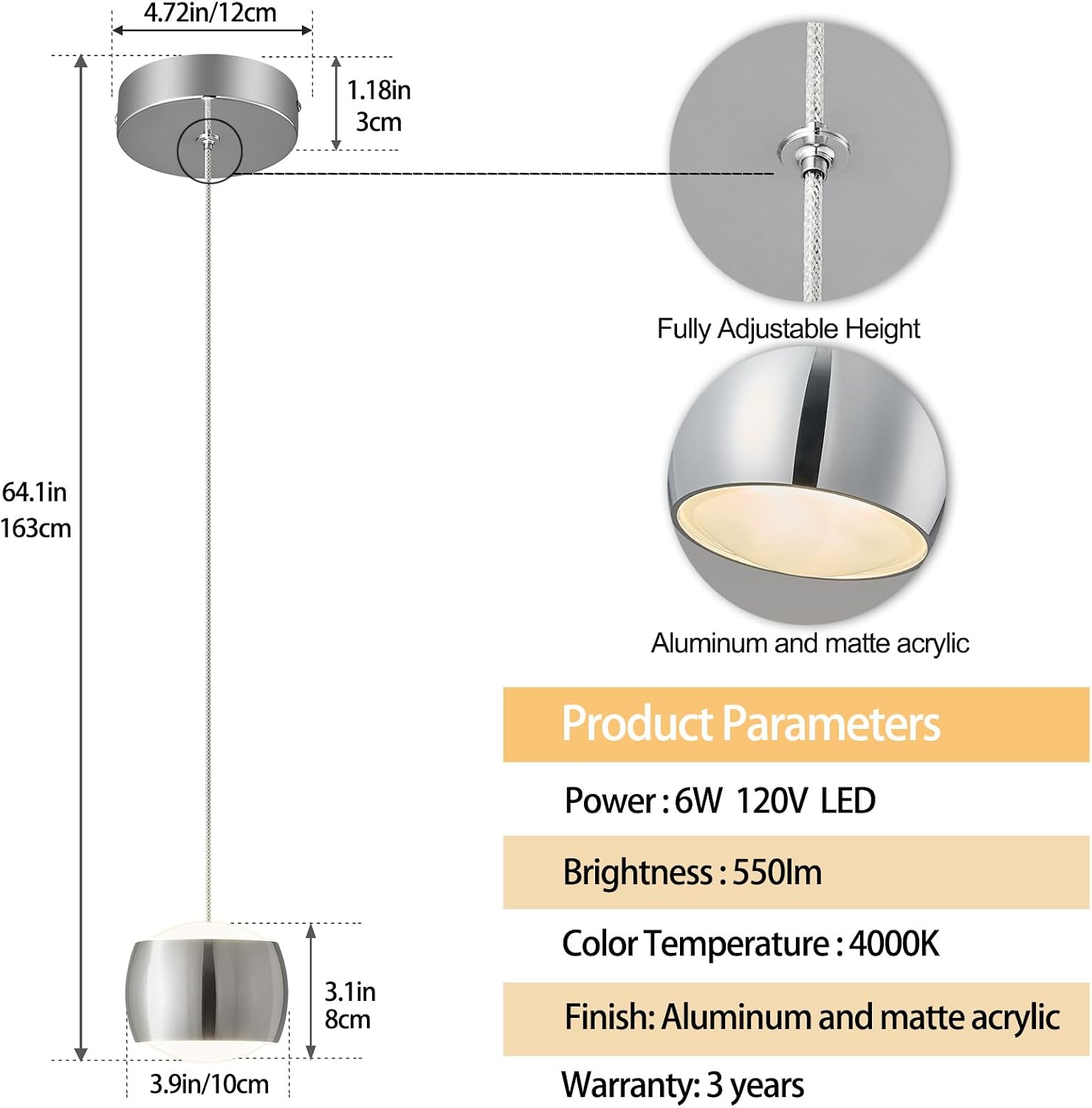 Modern LED Dimmable Pendant Light fixtures,Mini Island Pendant Lighting for Kitchen Island Dinning Room,Bedroom,Bar, Kitchen Island Ceiling Hanging Light Fixtures(Chrome-3-Pack)
