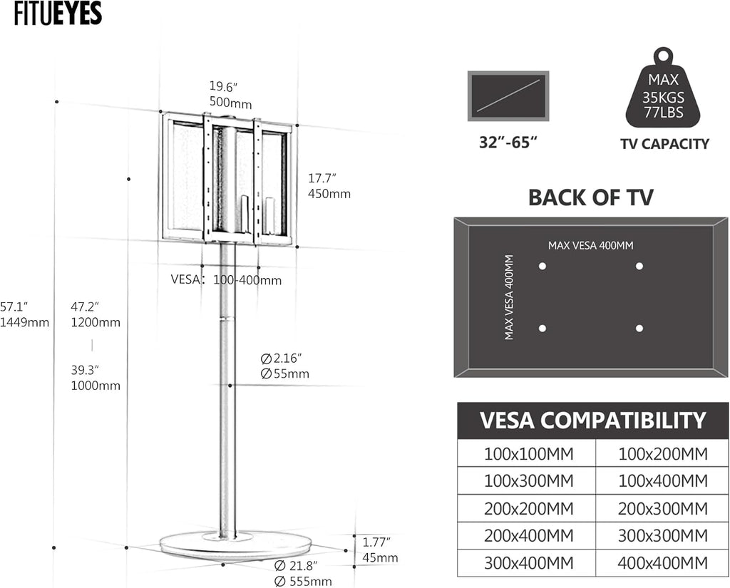 FITUEYES Design Mobile Rolling TV Cart for 32-65 Inches Television, Modern Corner TV Floor Stand on Wheels Fits Max VESA 400x400mm, V2 Portable Smart Television Cart, Black, Master Series
