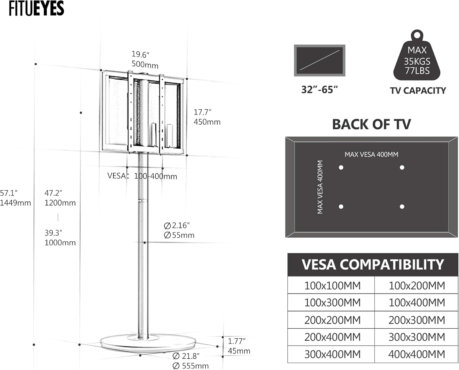 FITUEYES Design Mobile Rolling TV Cart for 32-65 Inches Television, Modern Corner TV Floor Stand on Wheels Fits Max VESA 400x400mm, V2 Portable Smart Television Cart, Black, Master Series