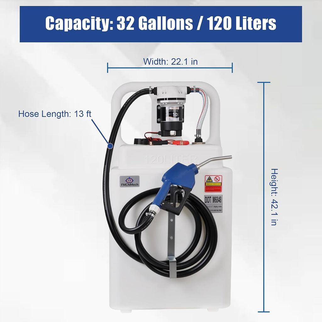 FMCNMech 32 Gallon Portable DEF Transfer Tank with 12V 10GPM Electric Pump, Dual-Wheel Design, Auto Shut-off Stainless Steel Nozzle, LLDPE Diesel Exhaust Fluid Caddy for Trucks, Farm Tractors & Fleets