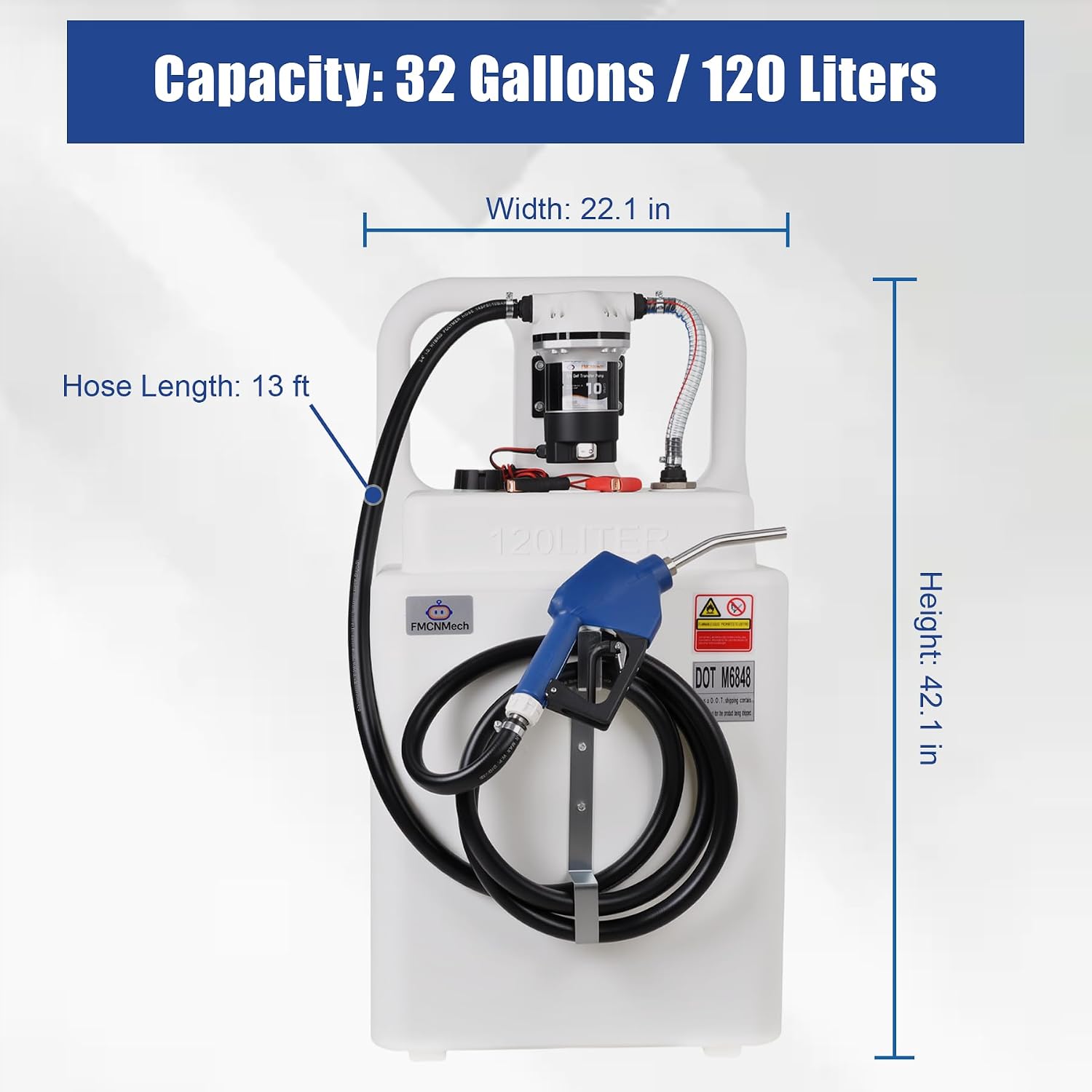 FMCNMech 32 Gallon Portable DEF Transfer Tank with 12V 10GPM Electric Pump, Dual-Wheel Design, Auto Shut-off Stainless Steel Nozzle, LLDPE Diesel Exhaust Fluid Caddy for Trucks, Farm Tractors & Fleets